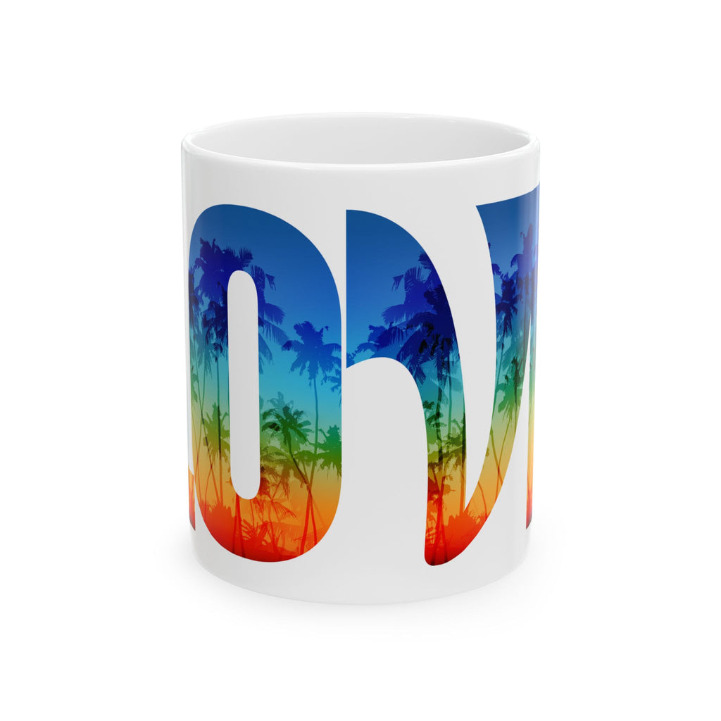 Vibrant rainbow pride ceramic mug with tropical LGBTQ+ design, available in 11oz and 15oz sizes, by Printify.