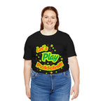 Neon orange and electric green pickleball rally T-shirt with court graphic, casual fit, by Printify.