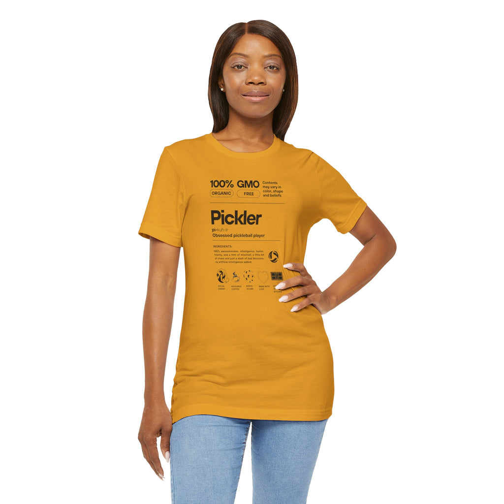 Women's Pickler Funny Definitions T-Shirt by Printify featuring black text, lightweight activewear perfect for pickleball enthusiasts.