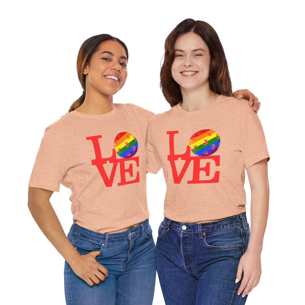 Rainbow LGBTQ2 Pride T-Shirt featuring the LOVE Pickleball logo, vibrant colors, and inclusive design on a comfortable tee.