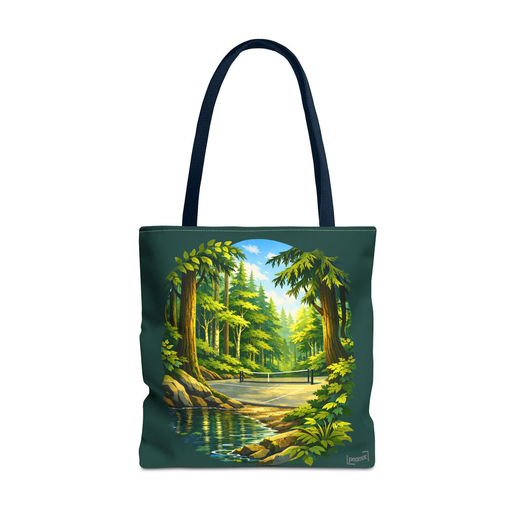 Large Bainbridge Island inspired pickleball tote bag by Printify featuring Pacific Northwest forest court design and spacious shoulder bag style.