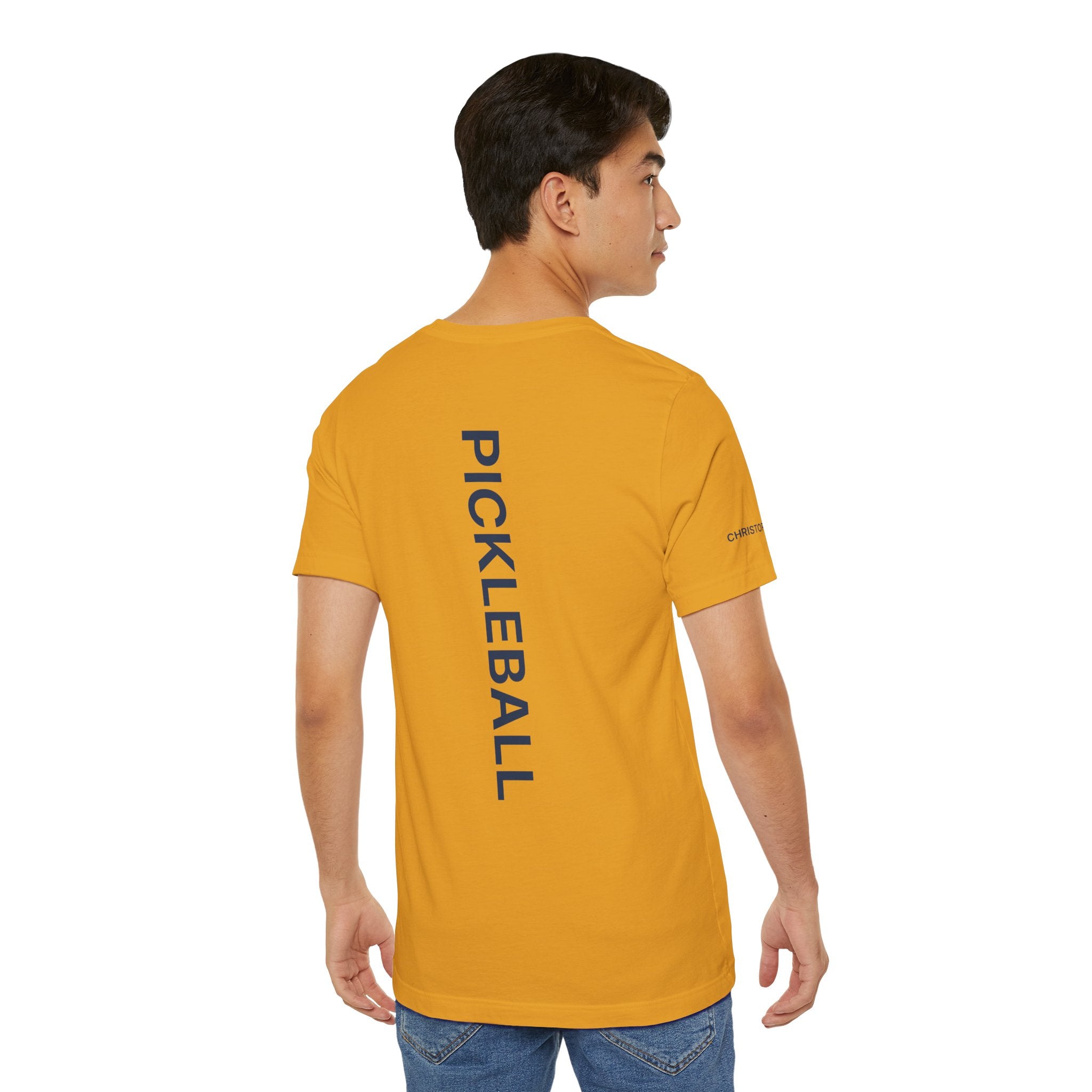 Personalized pickleball T-shirt by Printify featuring custom name sleeve and club logo with pickleball graphic on the center back.