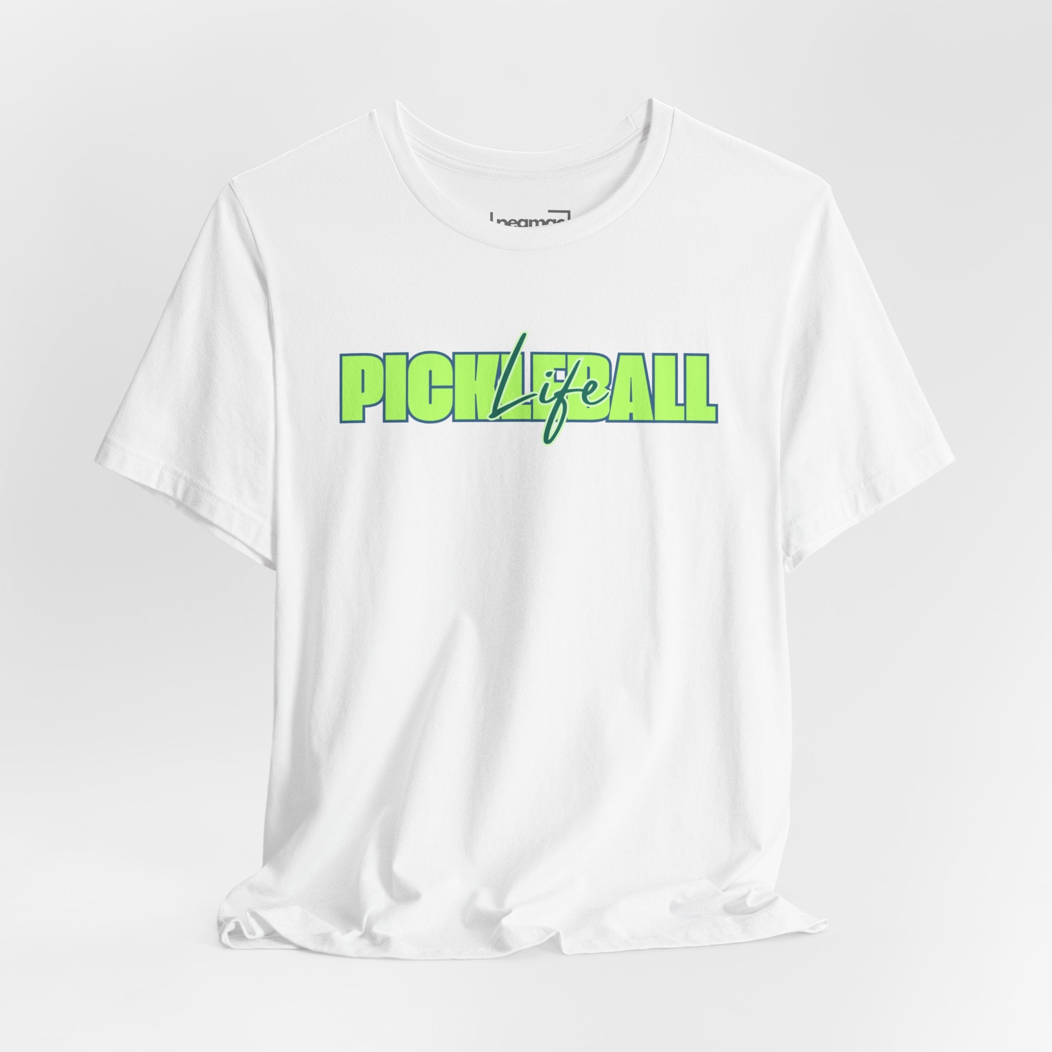Unisex Pickleball Life T-shirt with bold green and blue graphic print, made by Printify, casual sportswear for pickleball enthusiasts.