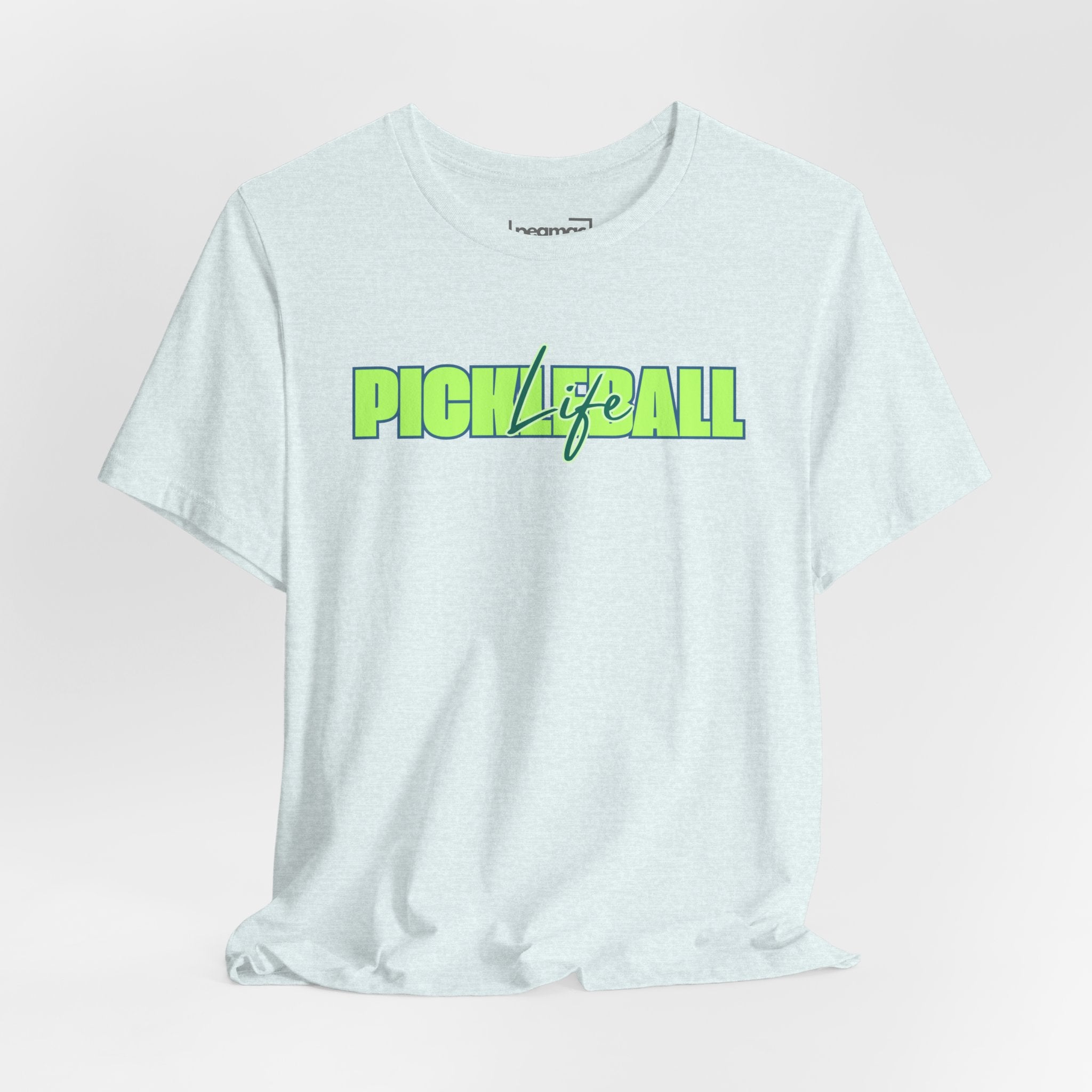 Unisex Pickleball Life T-shirt with bold green and blue graphic print, casual fit, lightweight cotton fabric.