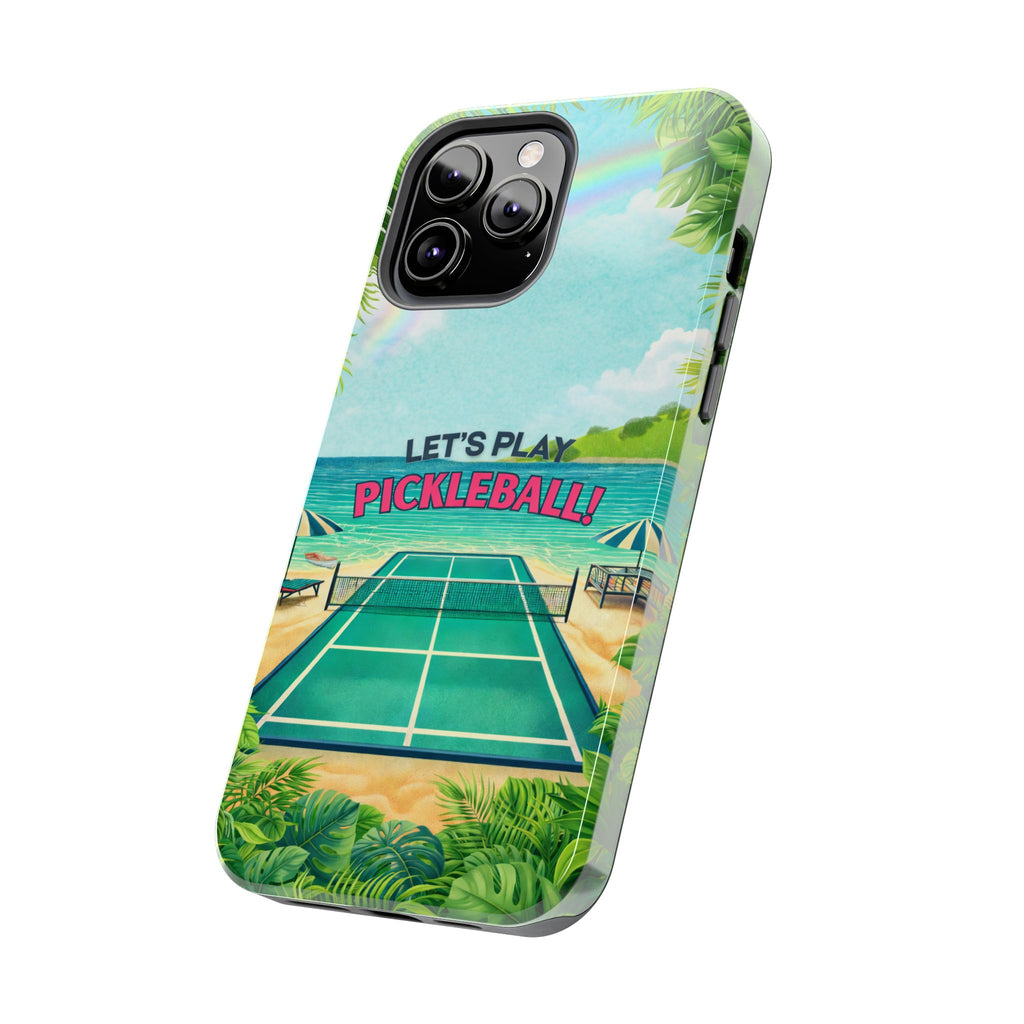 Let's Play Pickleball tropical tough phone case by Printify, featuring colorful beach court design for iPhone or Android.
