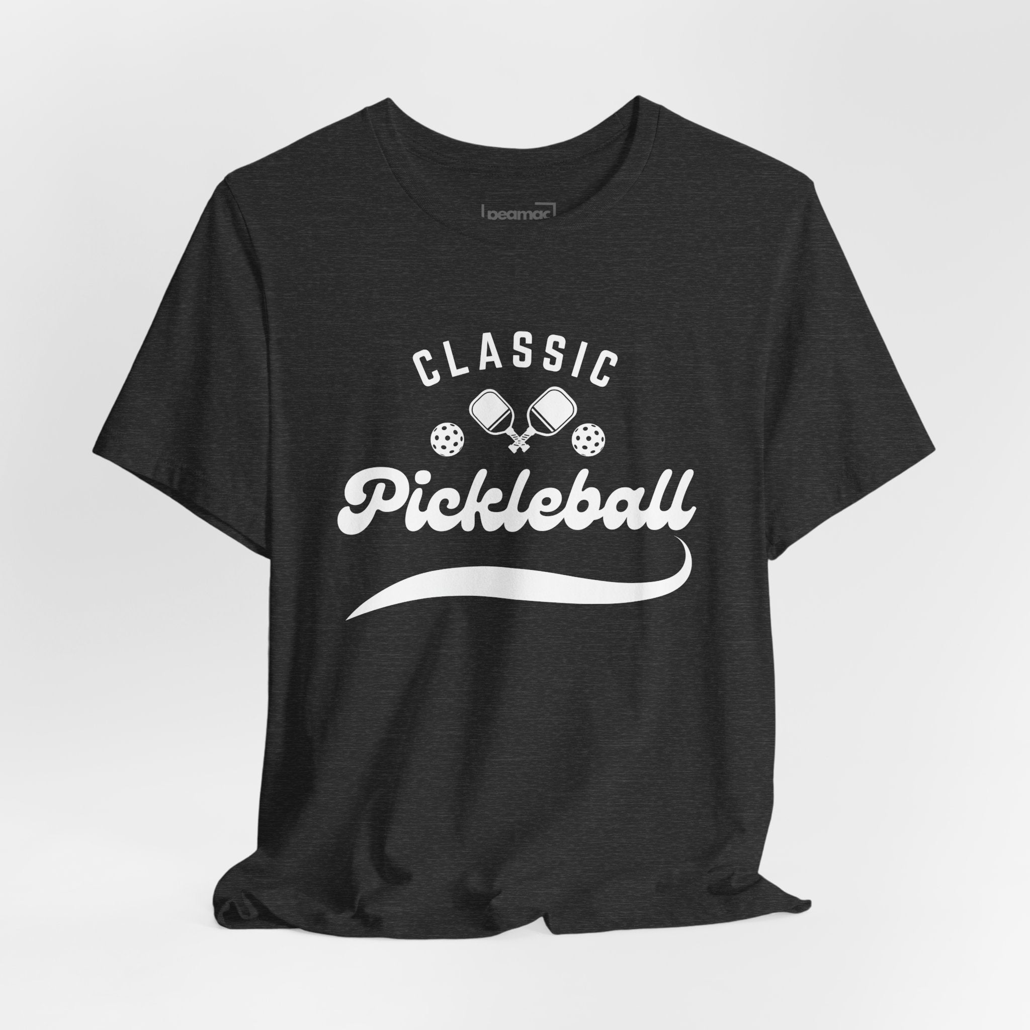 Classic pickleball T-shirt with "Pickleball" script design, casual cotton tee for pickleball players and enthusiasts