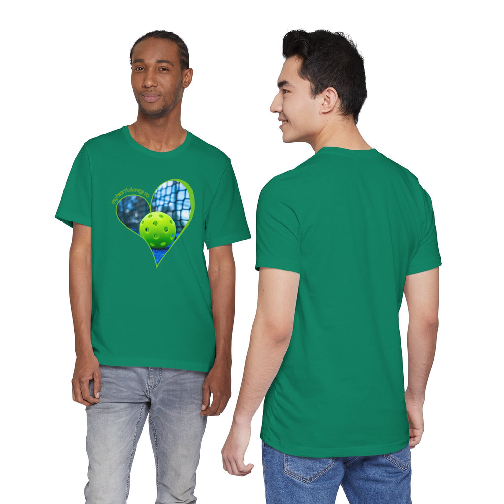 White pickleball T-shirt from Printify with "My Heart Belongs to Pickleball" slogan, designed for players and fans.