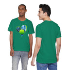 White pickleball T-shirt from Printify with "My Heart Belongs to Pickleball" slogan, designed for players and fans.
