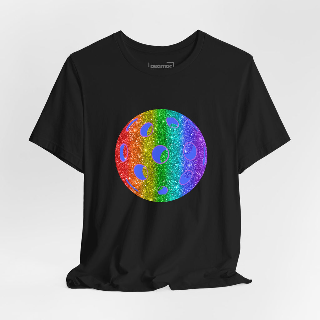 Rainbow glitter pickleball pride T-shirt with "Loud and Proud" print, featuring vibrant rainbow colors and a sporty fit.