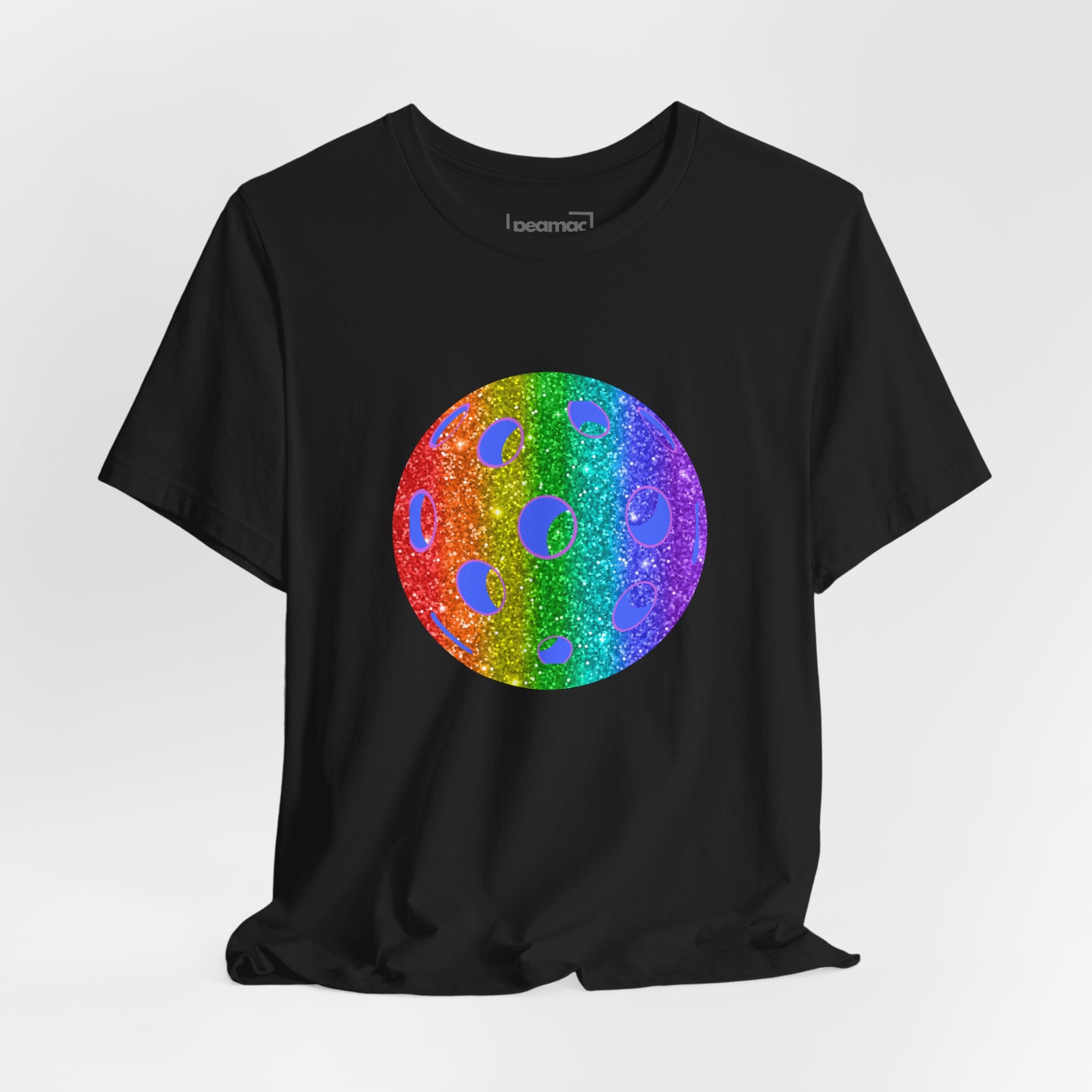 Rainbow glitter pickleball pride T-shirt with "Loud and Proud" print, featuring vibrant rainbow colors and a sporty fit.