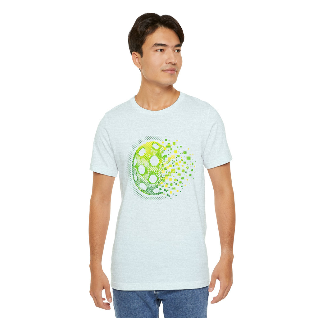 Green Pixelated Pickleball Tee featuring retro court graphic, casual t-shirt by Printify, designed for pickleball enthusiasts.