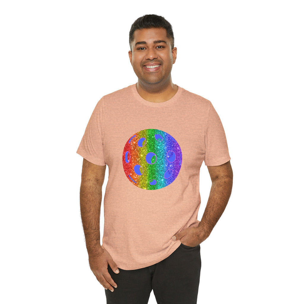 Rainbow glitter pickleball pride T-shirt from Printify featuring colorful "Sparkle Loud and Proud" design, casual fit and vibrant style.