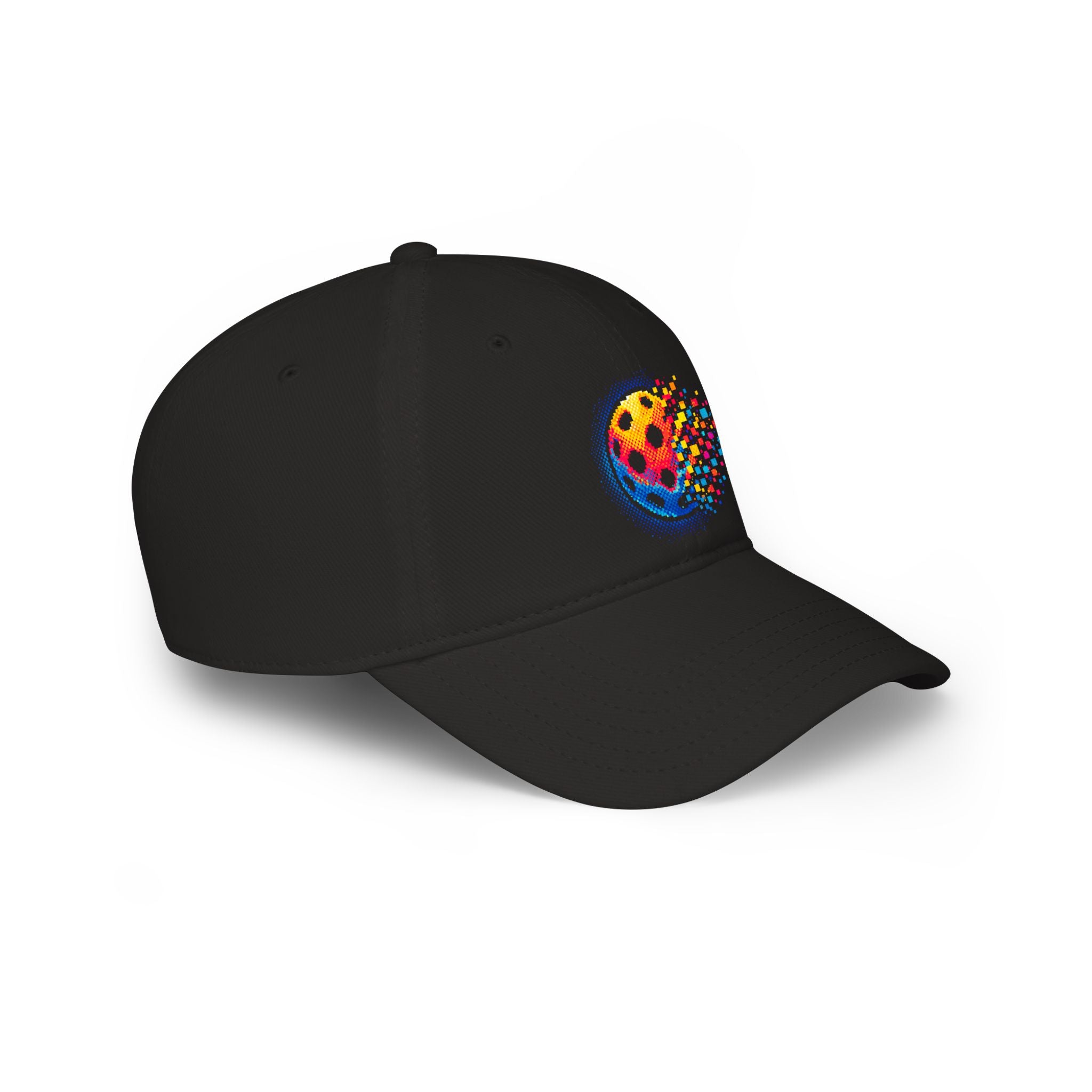 Pixelated Pickleball Cap, low profile cotton baseball hat by Printify, featuring a pixelated pickleball design and comfortable fit.