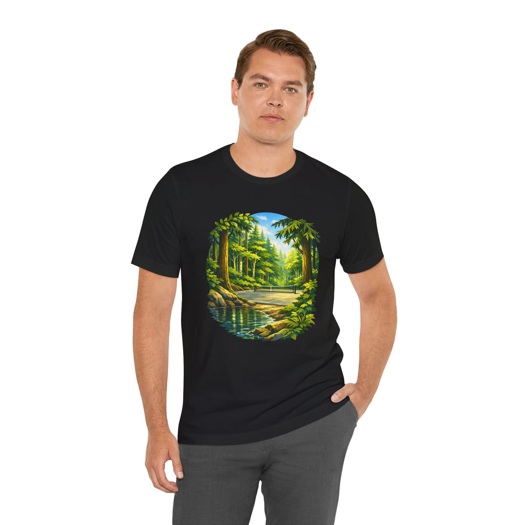 Unisex Hidden Forest Pickleball T-Shirt with Bainbridge Island tribute design, in black with colorful pickleball graphics.