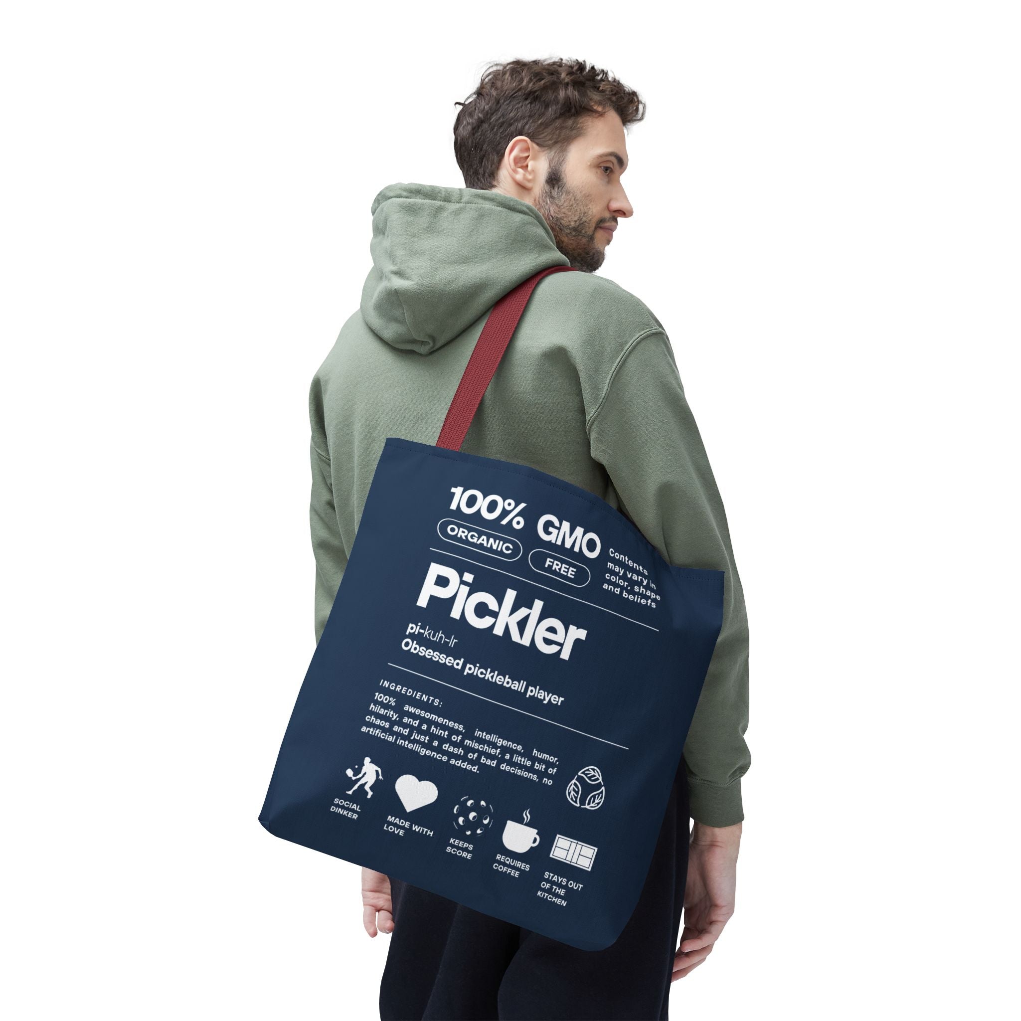Large navy pickleball tote bag with humorous "Pickler" male design, versatile shoulder bag for sports and casual use.