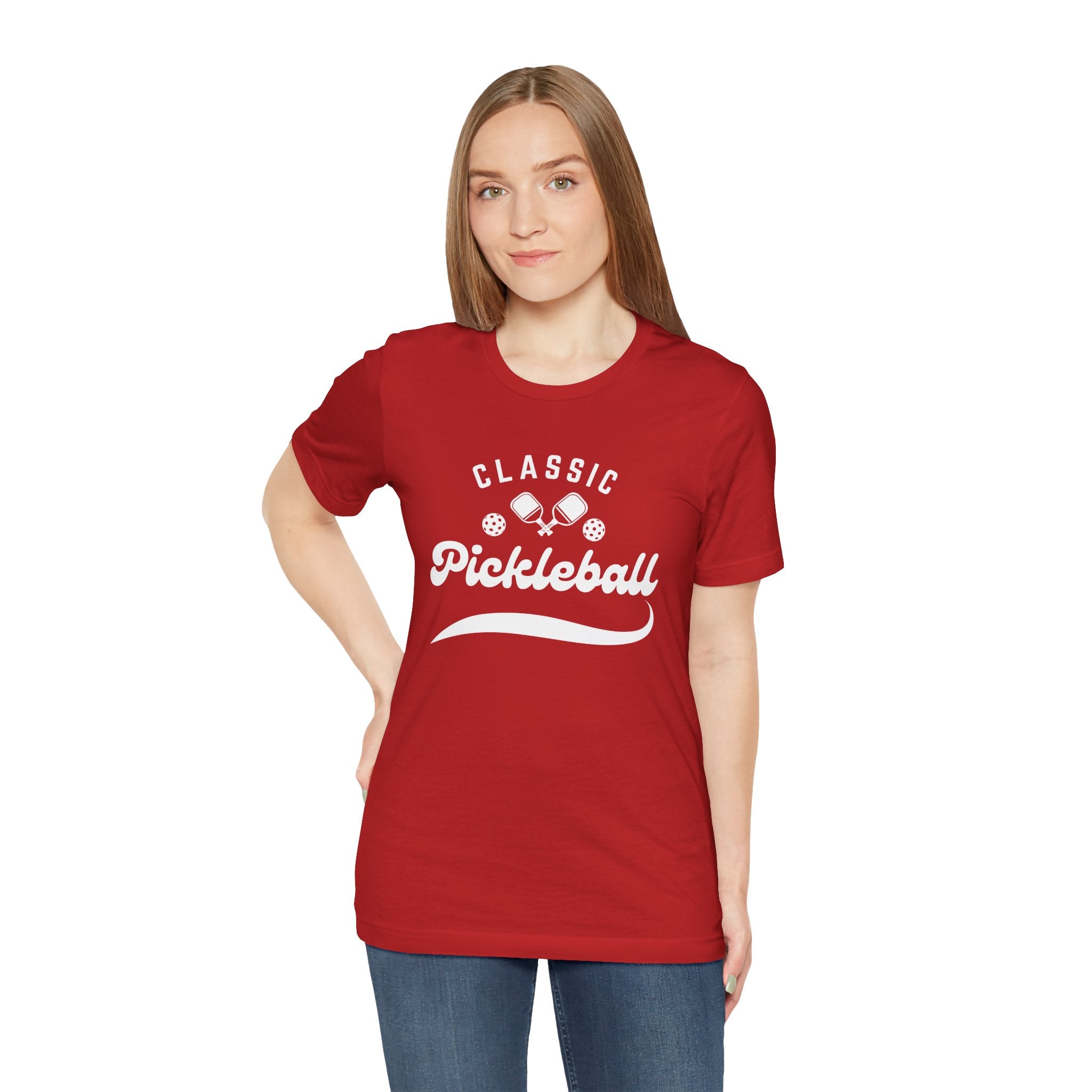 Classic pickleball T-shirt with "Pickleball" script design, comfortable cotton tee by Printify, ideal for pickleball players and fans.