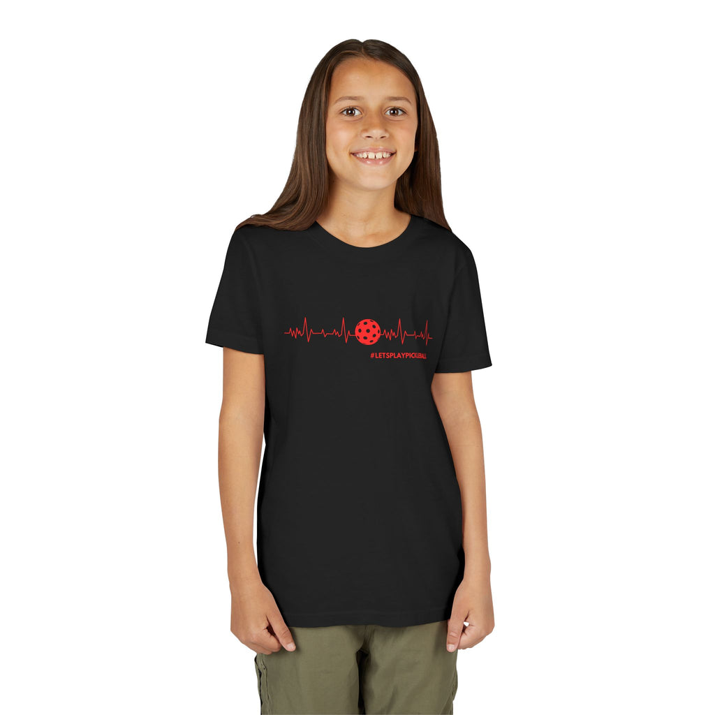 Kids' youth pickleball tee with heartbeat and "Let's Play Pickleball" print, featuring colorful graphic design by Printify.
