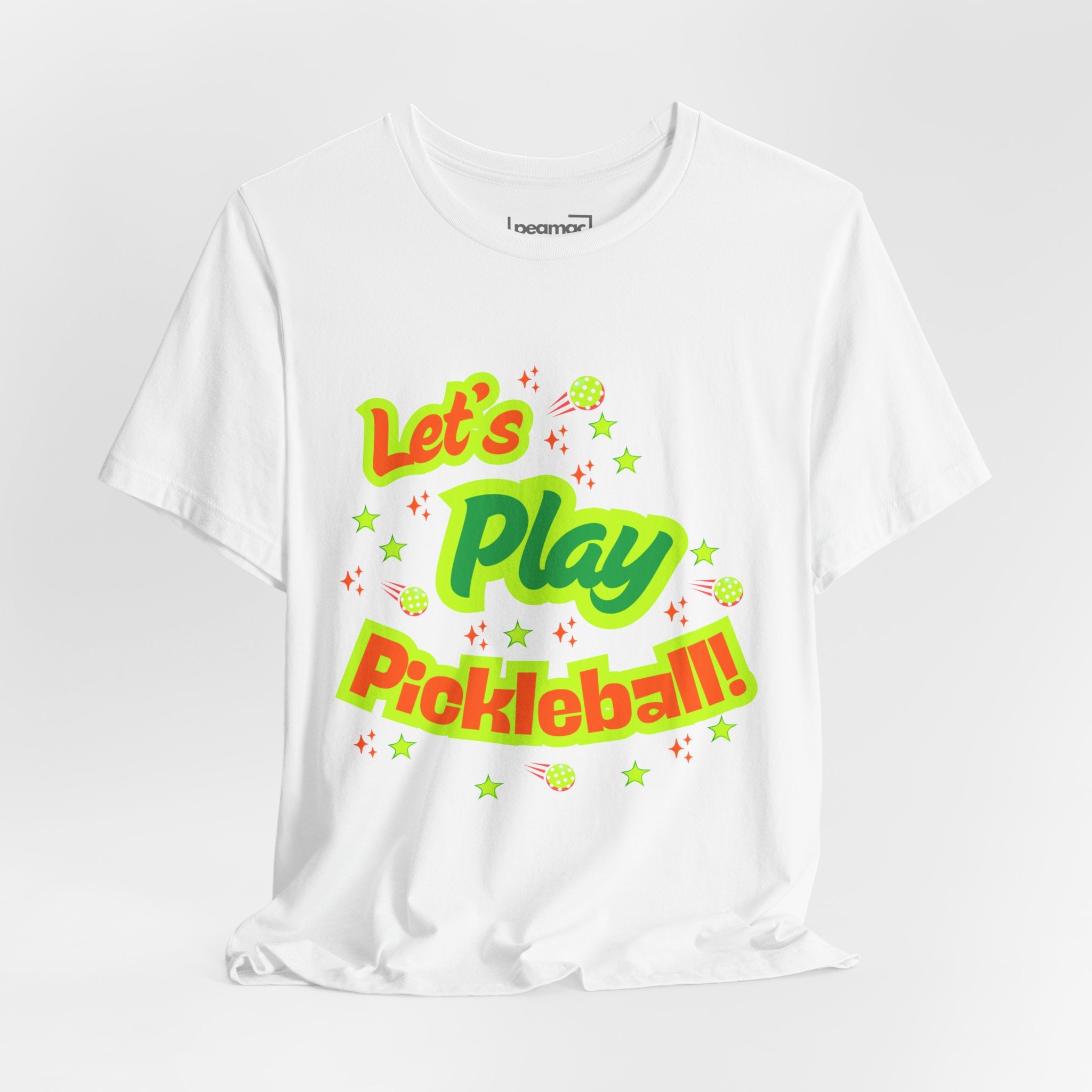 Neon orange and electric green Pickleball Rally T-Shirt with court graphic, casual athletic style by Printify.