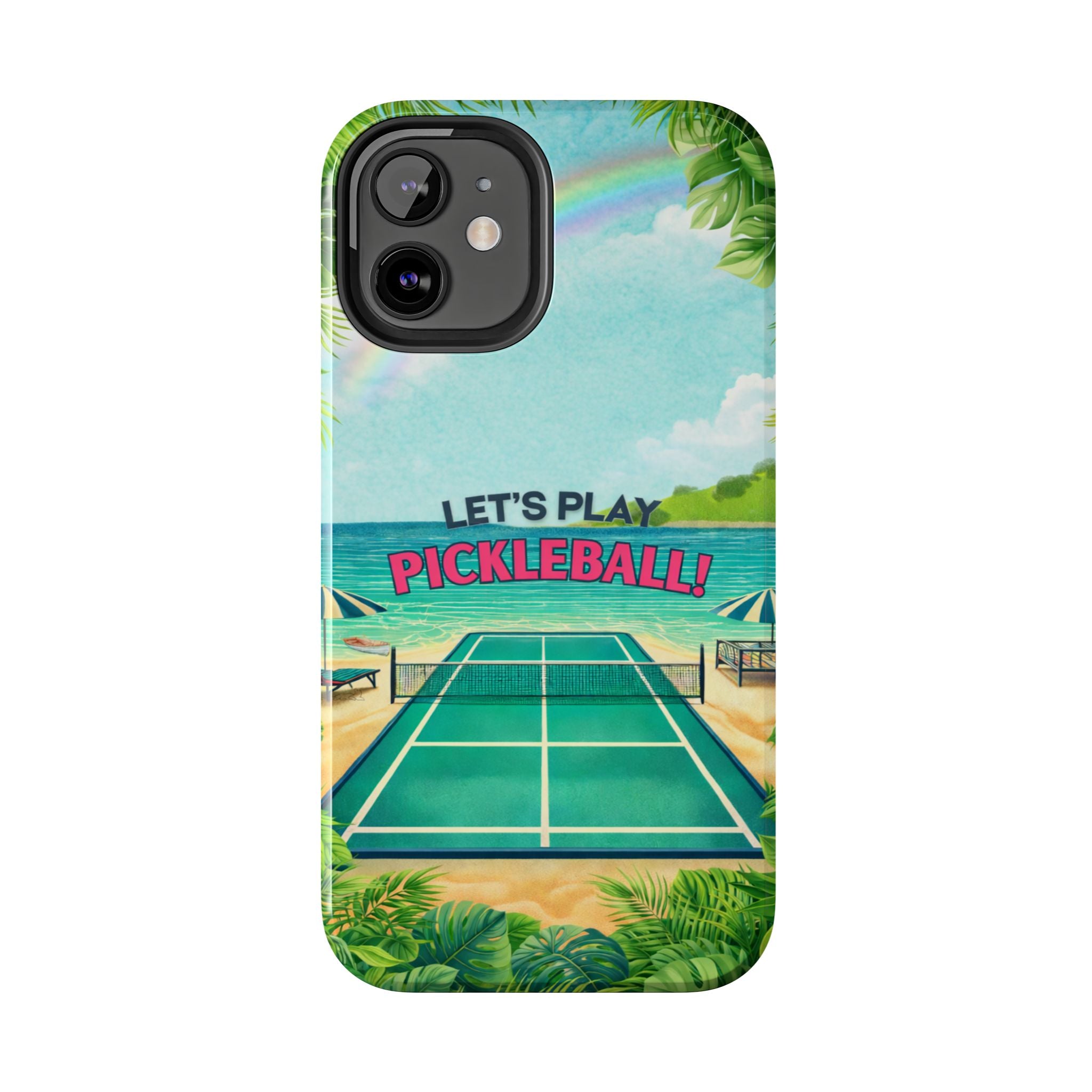 Tropical-themed Pickleball tough phone case by Printify featuring beach court design for iPhone or Android devices.