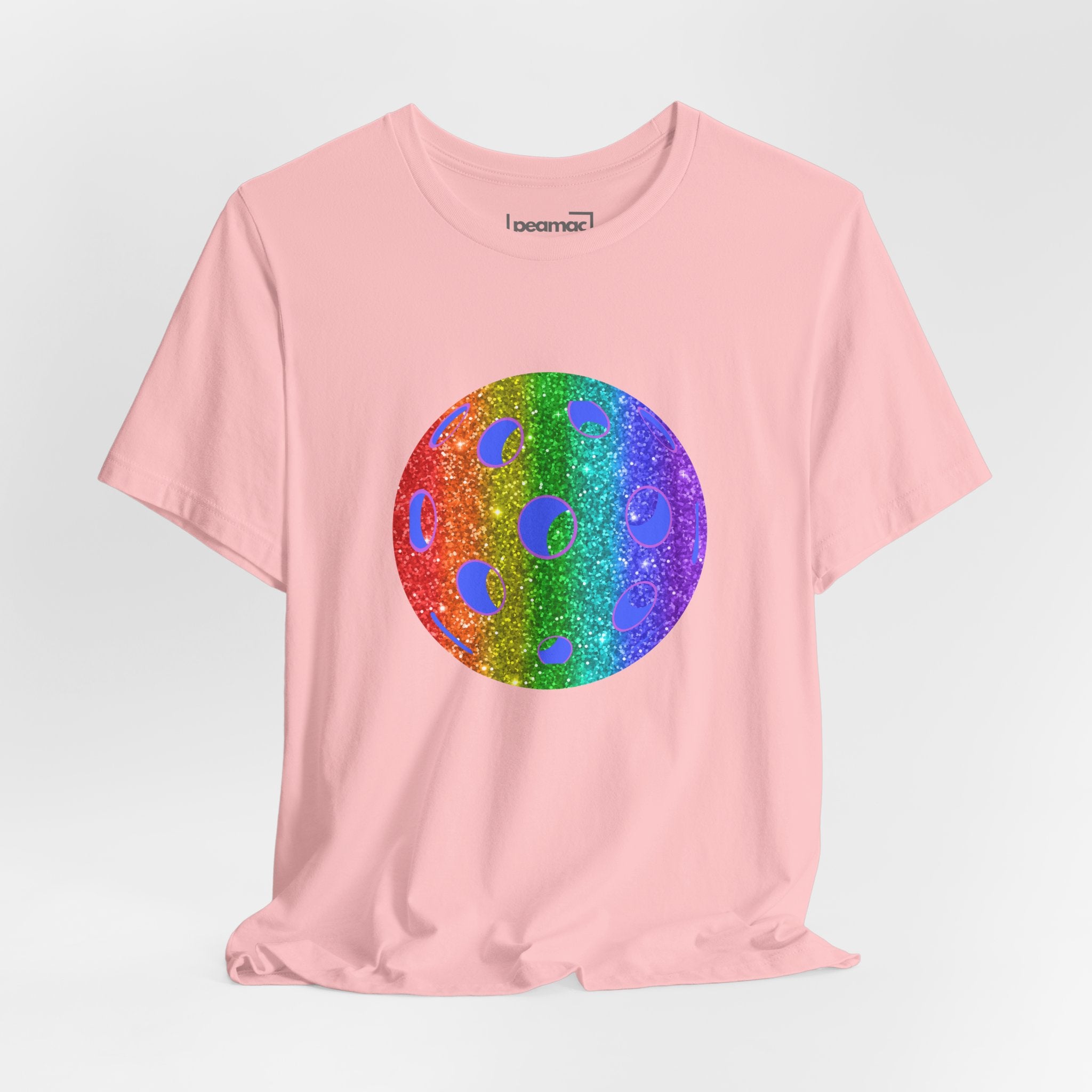 Rainbow glitter pickleball pride T-shirt featuring bold "Loud and Proud" text, celebrating LGBTQ+ pride and pickleball sport.
