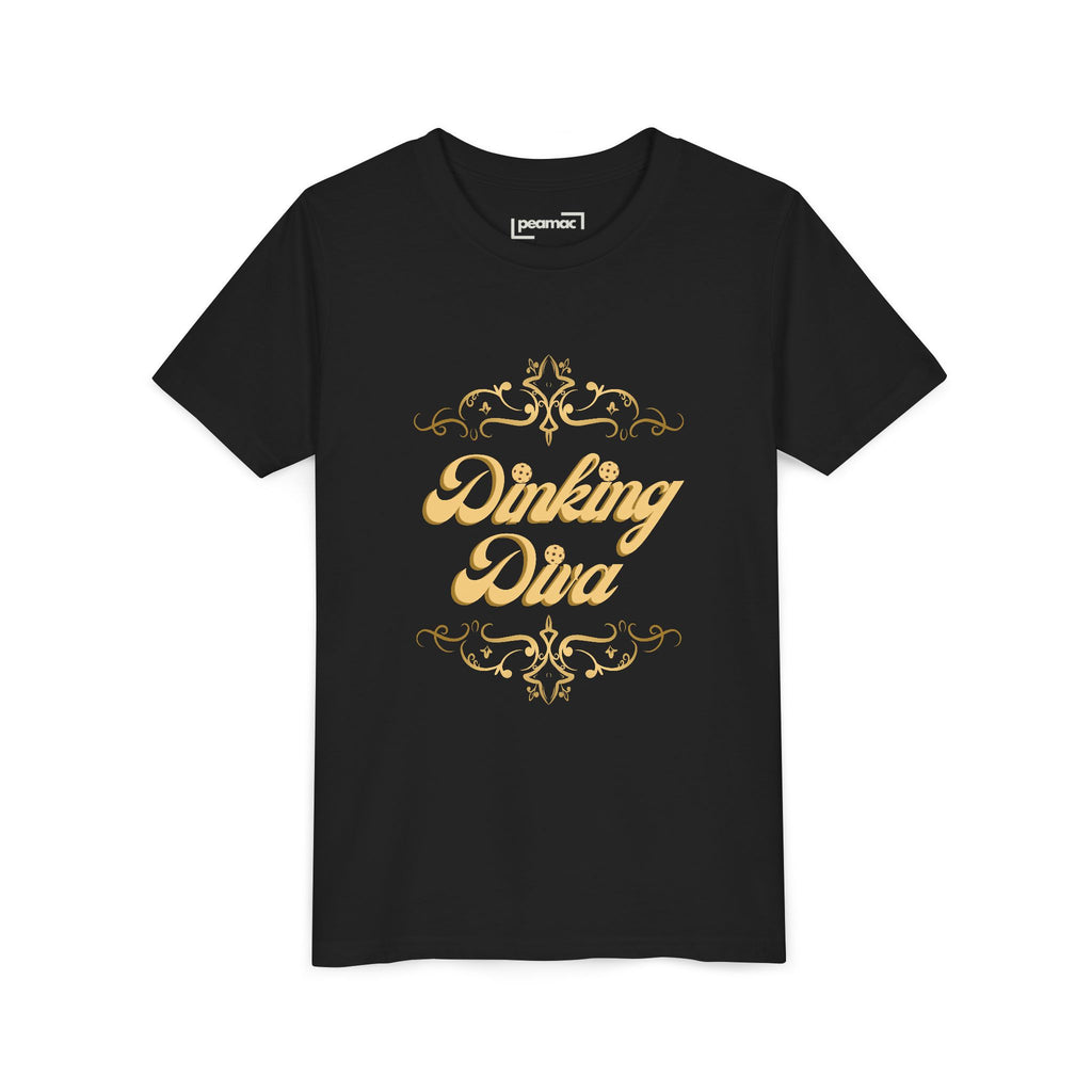 Youth Dinking Diva T-shirt featuring gold filigree pickleball graphic, kids' casual tee by Printify, with colorful design on front.