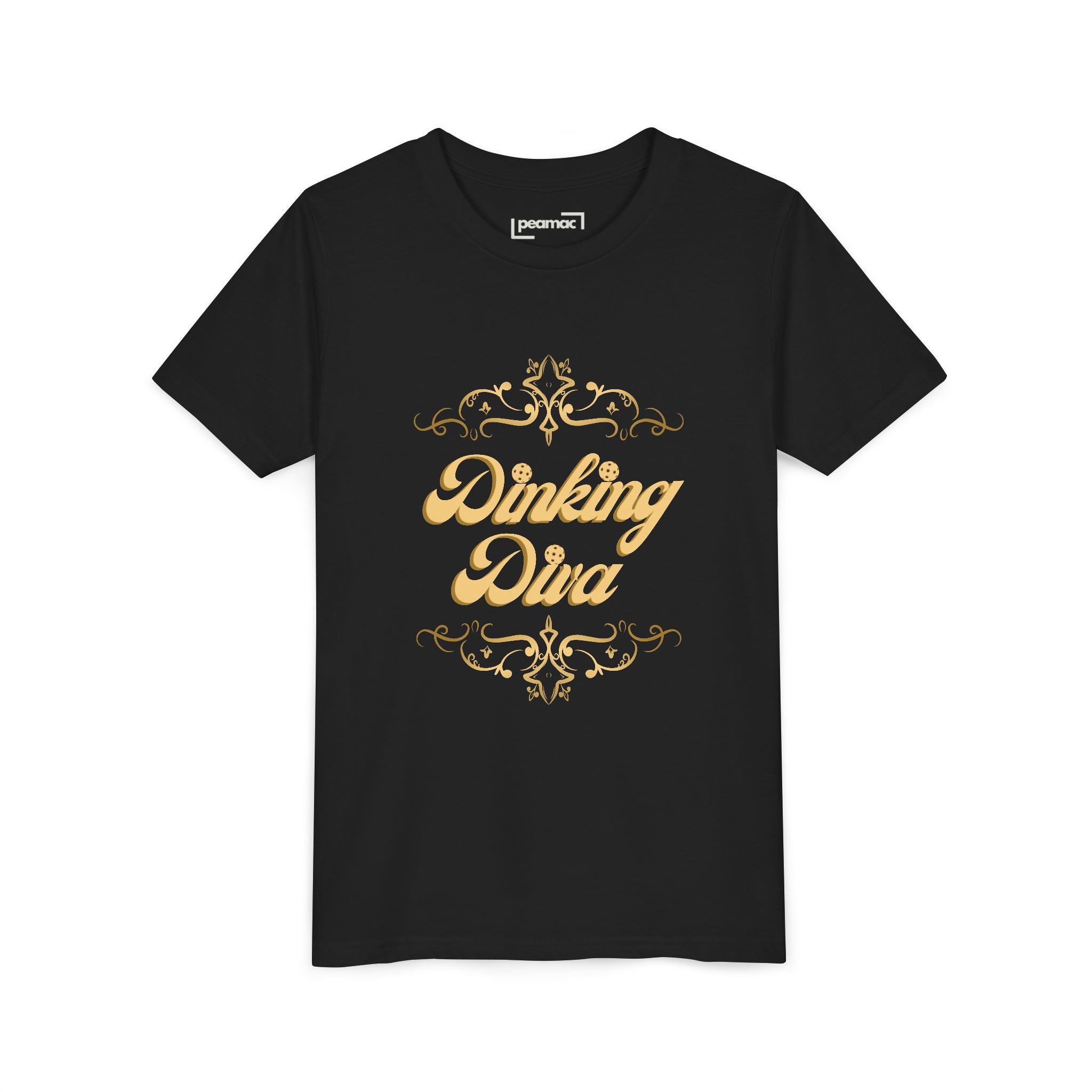 Youth Dinking Diva T-shirt featuring gold filigree pickleball graphic, kids' casual tee by Printify, with colorful design on front.