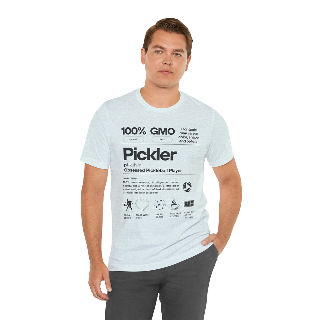 Men's black Pickler Funny Definitions T-shirt featuring pickleball-themed text, lightweight activewear by Printify.