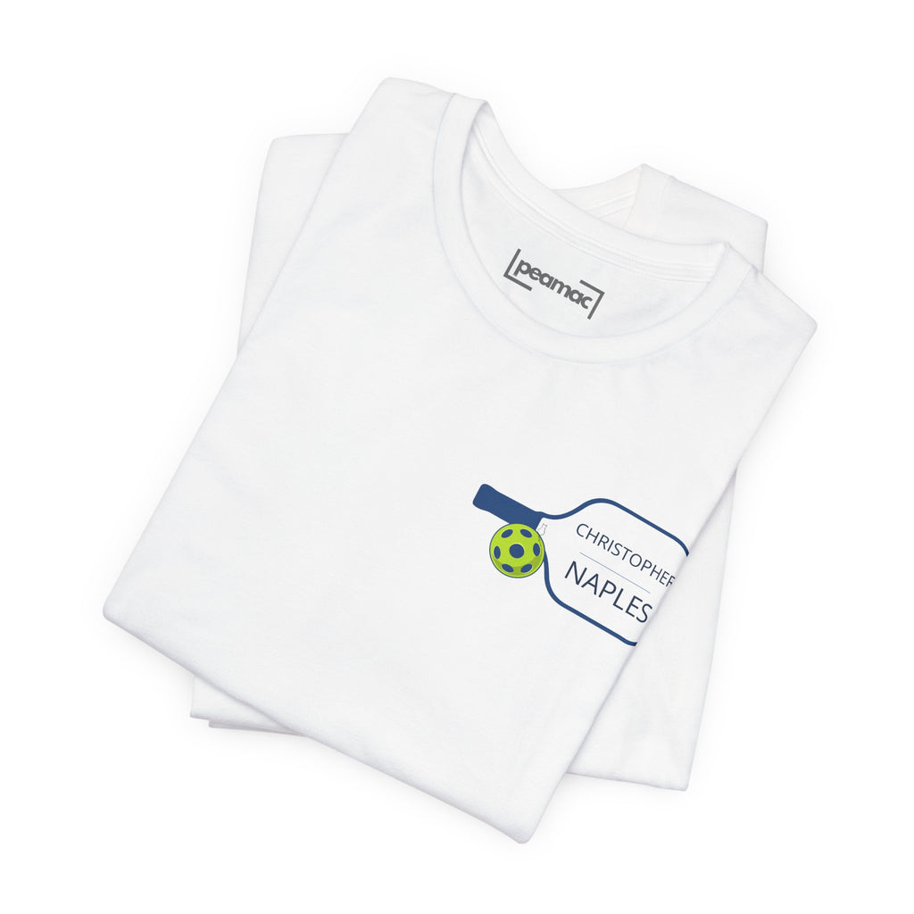 Personalized pickleball T-shirt with custom name and club logo on paddle graphic, casual sportswear by Printify.