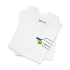 Personalized pickleball T-shirt with custom name and club logo on paddle graphic, casual sportswear by Printify.