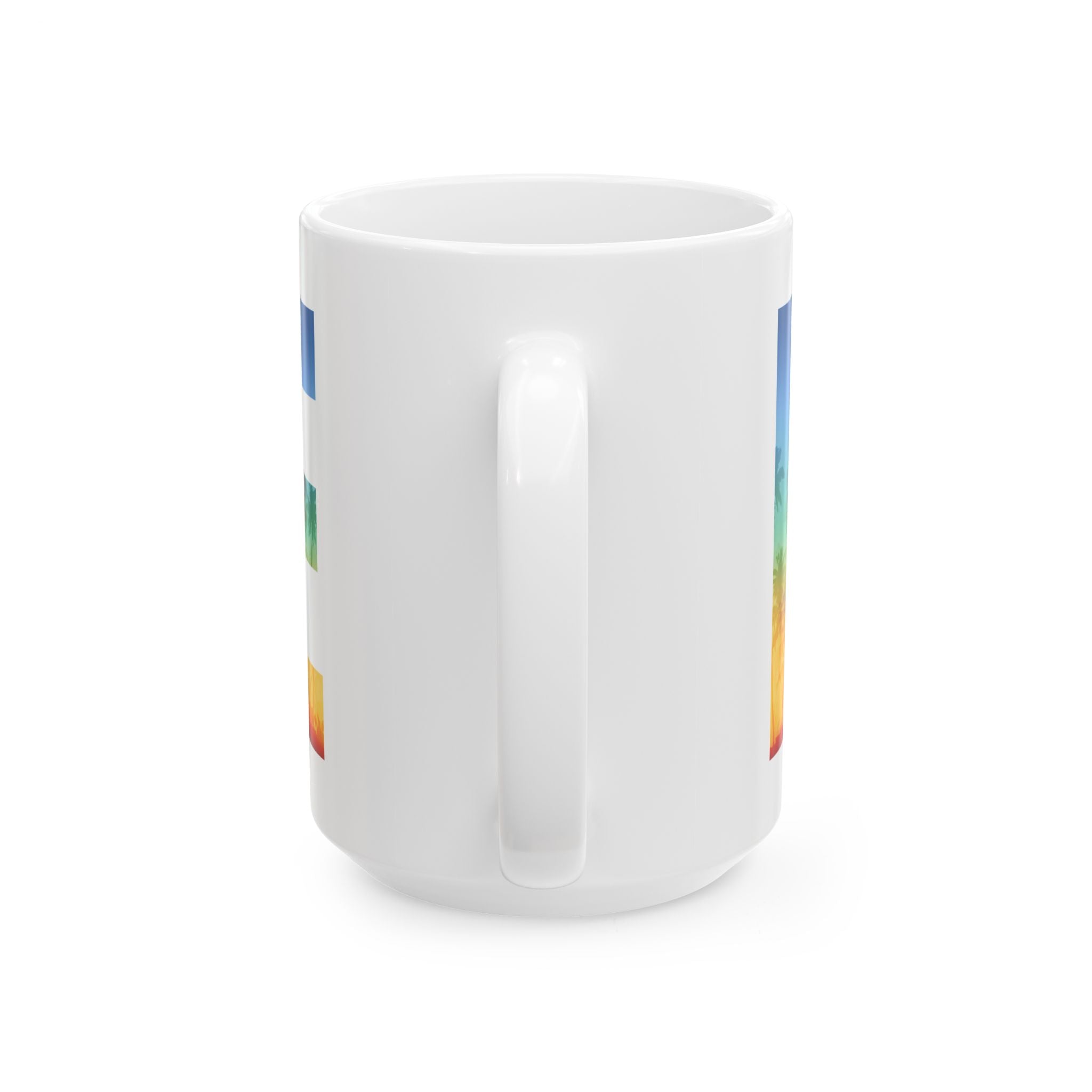 Vibrant rainbow pride ceramic mug with tropical LGBTQ+ design, available in 11oz and 15oz sizes, by Printify.