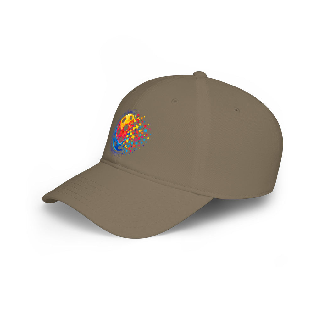Pixelated Pickleball Cap by Printify, low profile cotton baseball hat with pixelated pickleball design, casual headwear for sports or everyday wear.