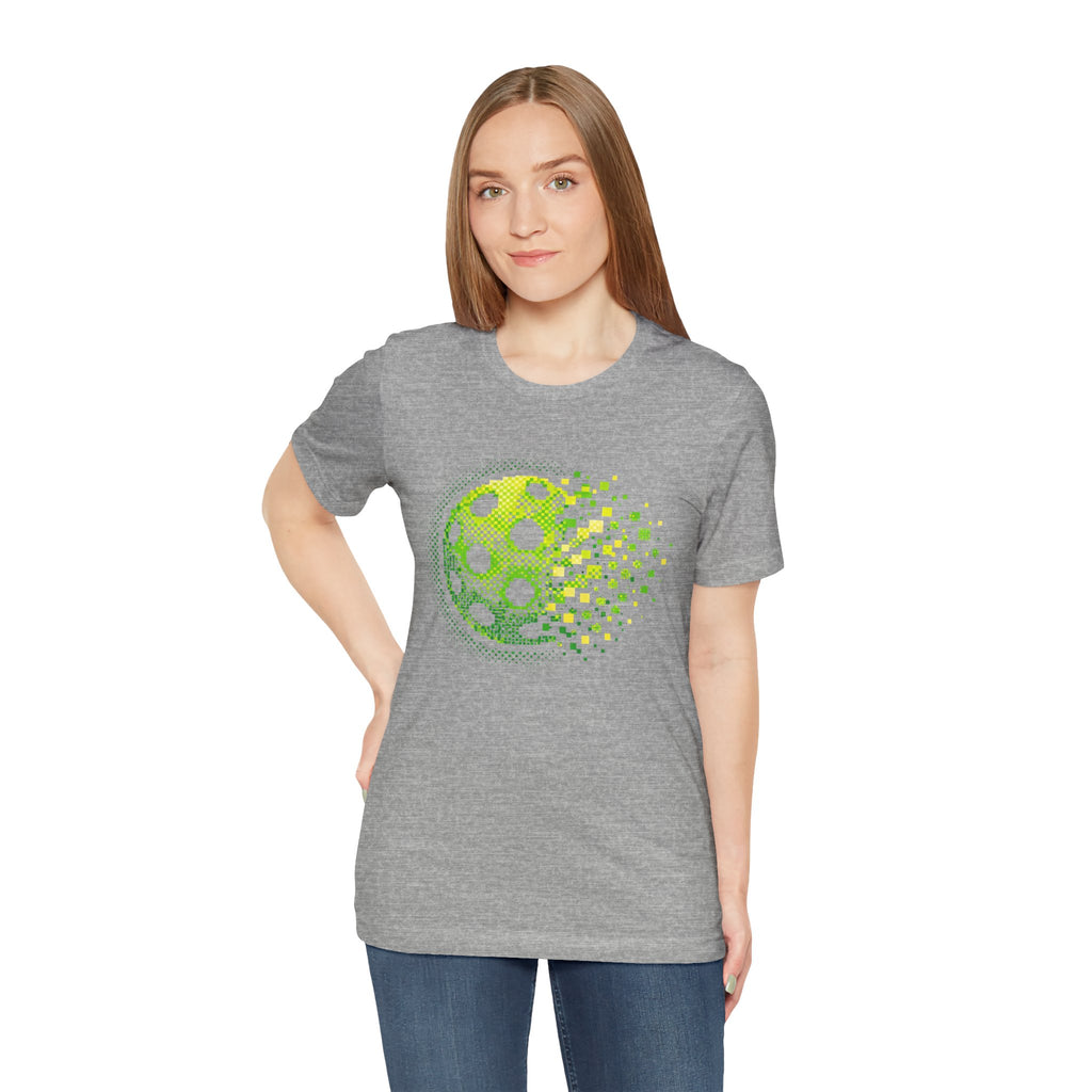 Green Pixelated Pickleball Tee featuring retro court graphic, casual T-shirt by Printify, showcasing vibrant pickleball design.