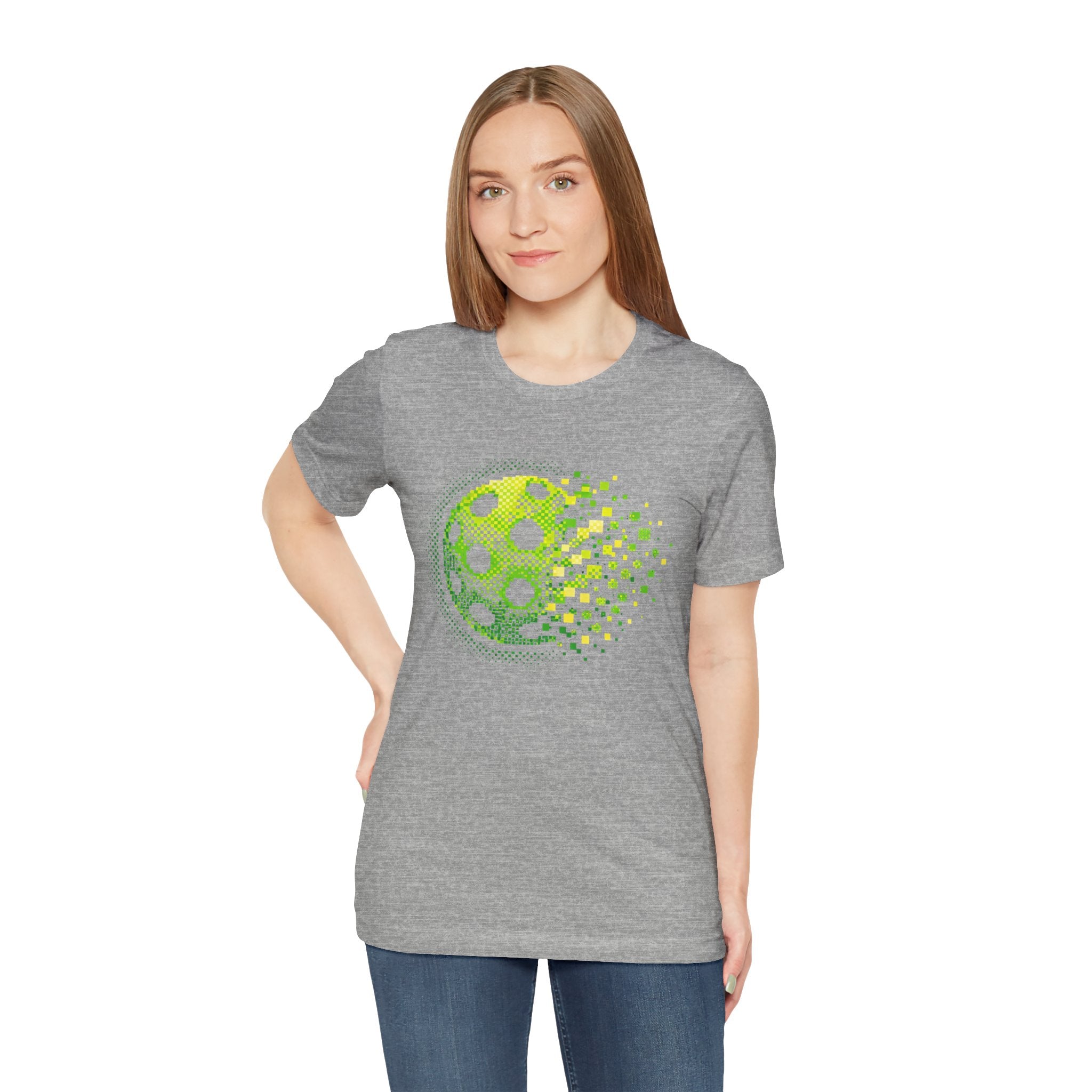 Green Pixelated Pickleball Tee featuring retro court graphic, casual T-shirt by Printify, showcasing vibrant pickleball design.