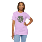 Pickleball Word Cloud T-Shirt with pickleball-shaped graphic and words like dink, pick, and kitchen, by Printify.