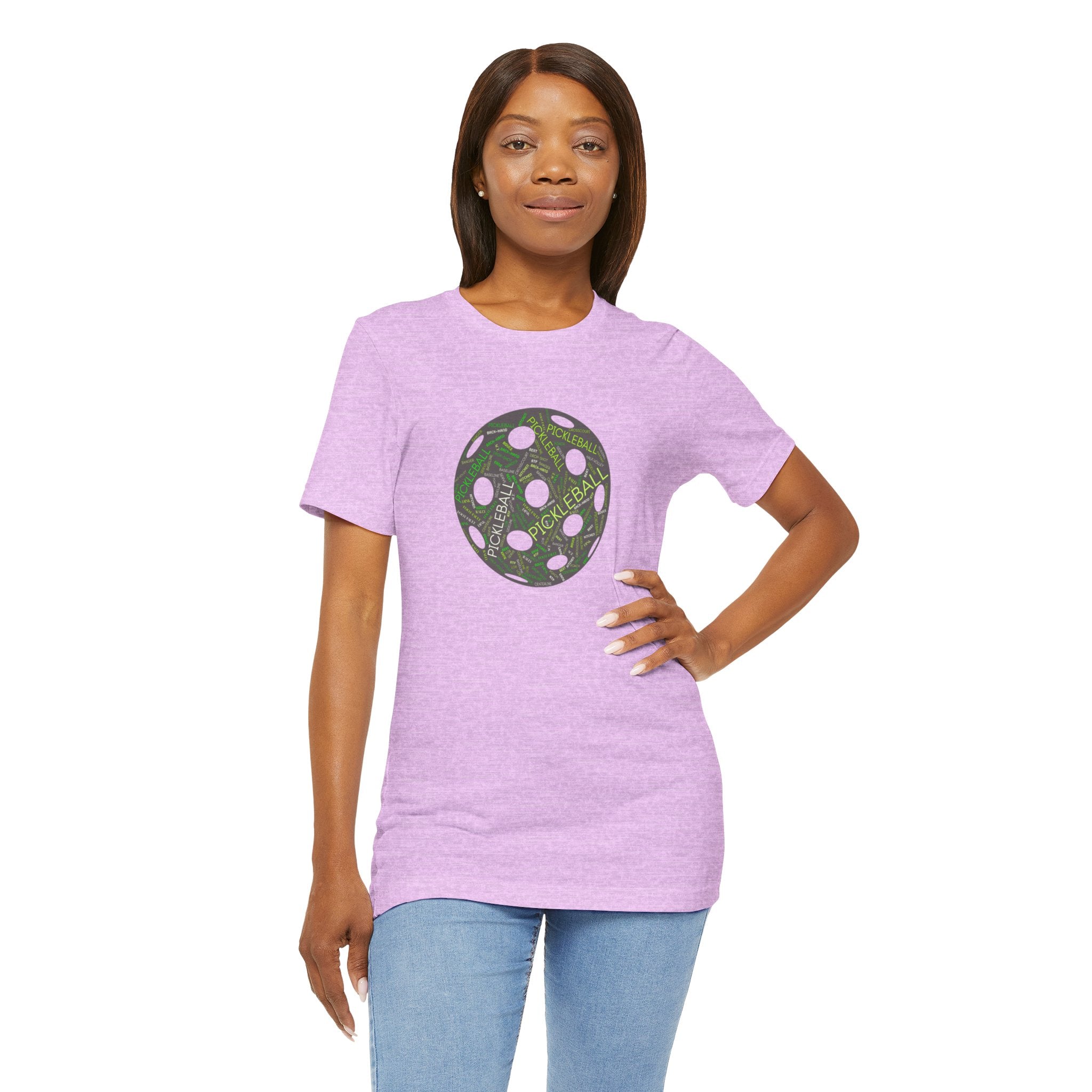 Pickleball Word Cloud T-Shirt with pickleball-shaped graphic and words like dink, pick, and kitchen, by Printify.