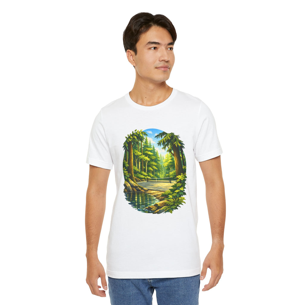 Unisex Hidden Forest Pickleball T-Shirt with Bainbridge Island tribute design, featuring forest imagery on a comfortable printify tee.