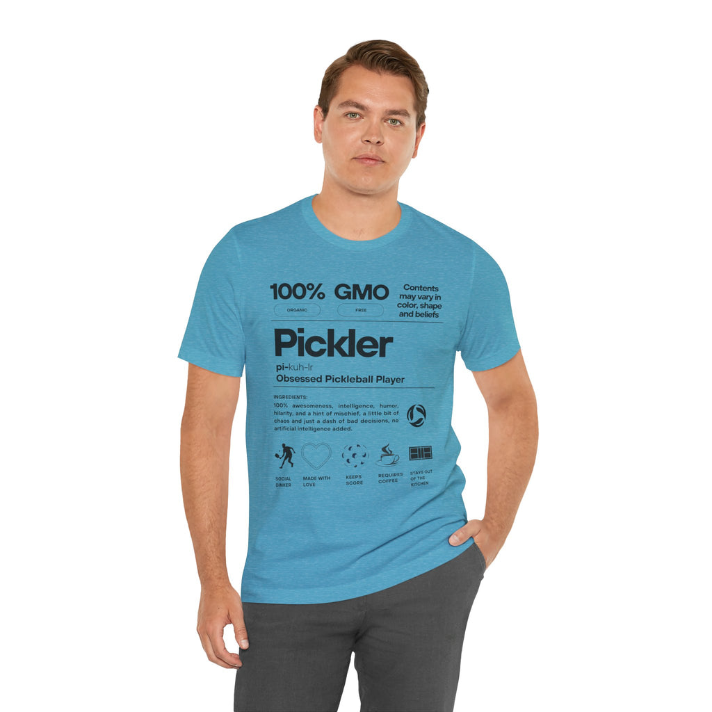 Men's black Pickler Funny Definitions T-shirt featuring pickleball-themed text, lightweight activewear from Printify.