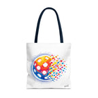 Pixelated Pickleball large tote bag with retro digital wiffle ball design, made by Printify, showcasing the colorful digital pattern.