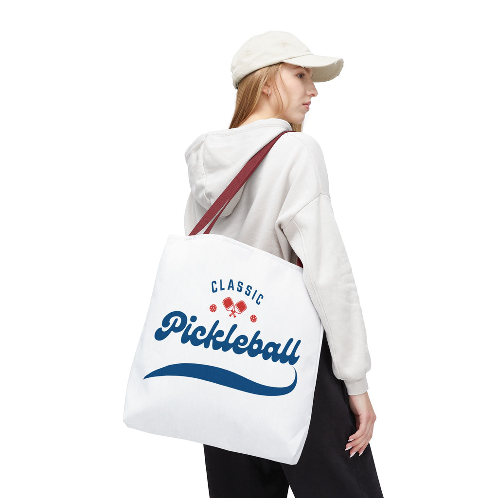 Large Printify Pickleball tote bag in red and blue, rugged 18x18-inch shoulder bag for gear and storage.