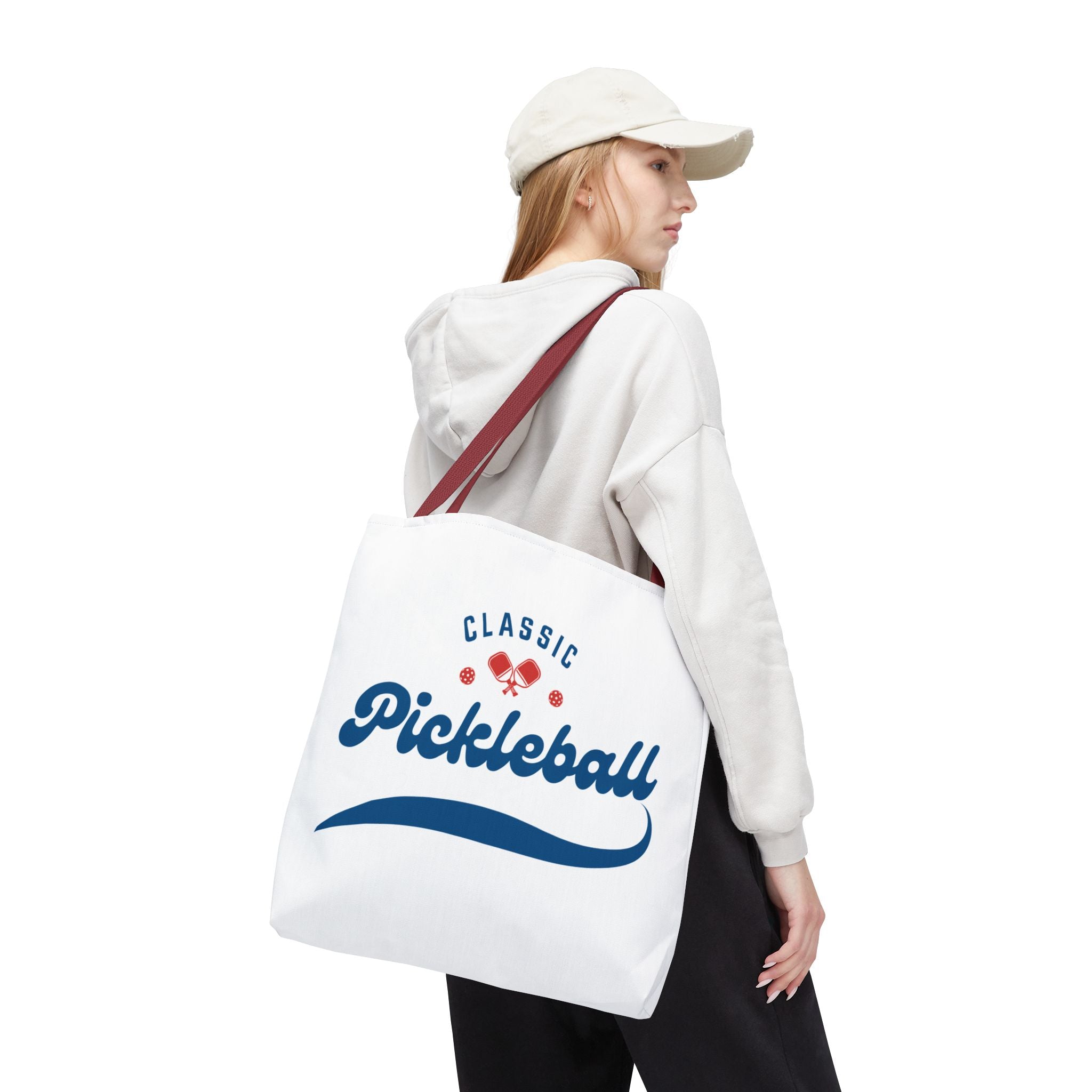 Large Printify Pickleball tote bag in red and blue, rugged 18x18-inch shoulder bag for gear and storage.