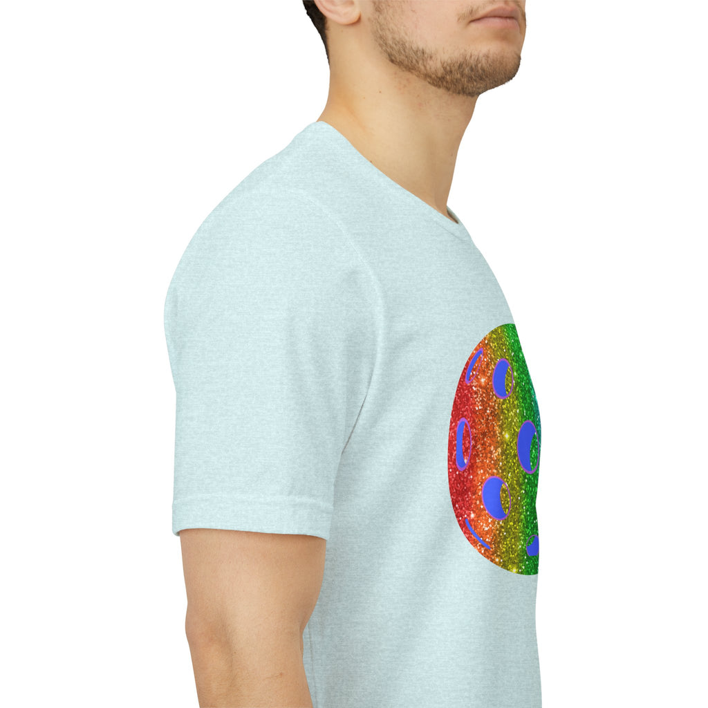 Rainbow glitter pickleball T-shirt featuring the Sparkle Loud and Proud Pickleball Pride design, ideal for pride and sports events.