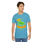 Neon orange and electric green pickleball rally tee with court graphic, casual t-shirt by Printify, perfect for active sportswear.