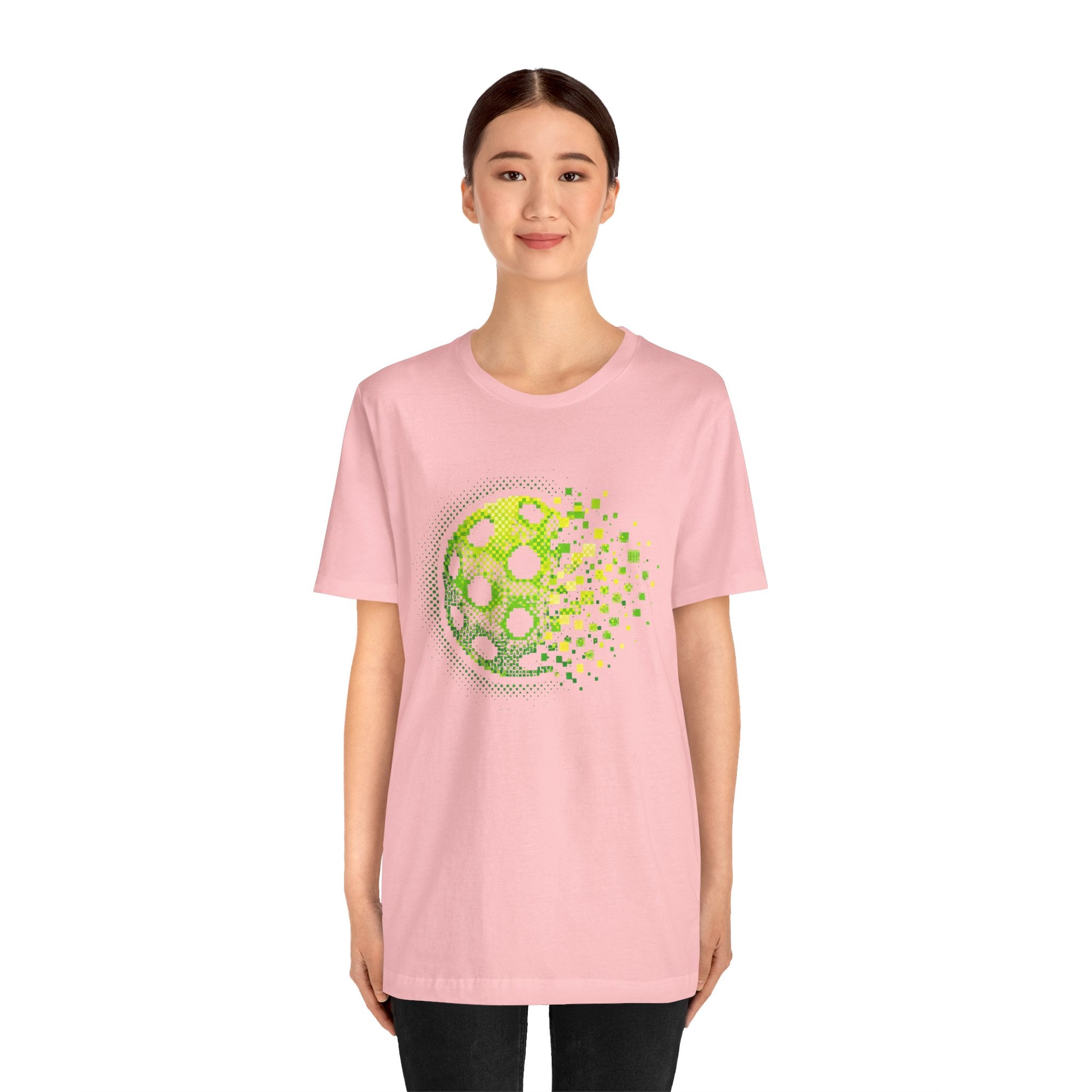 Green Pixelated Pickleball Tee by Printify featuring retro court graphic, casual pickleball T-shirt for active wear.
