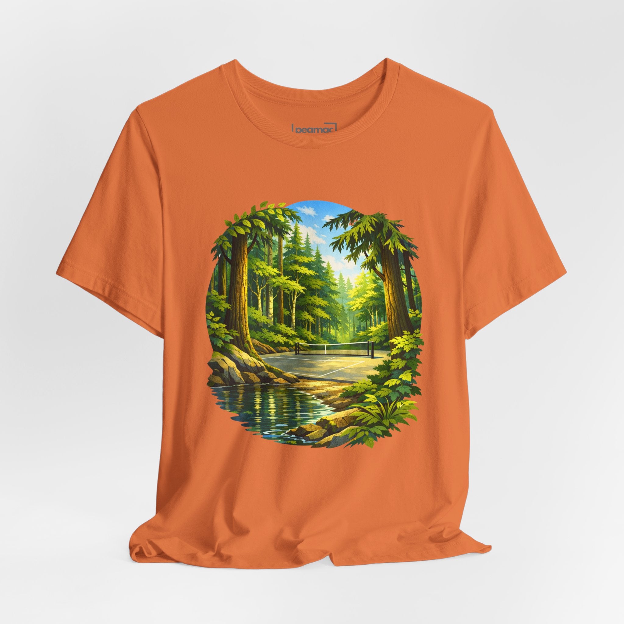 Unisex Hidden Forest Pickleball T-Shirt featuring Bainbridge Island tribute design, printed by Printify, in soft fabric with forest graphic.