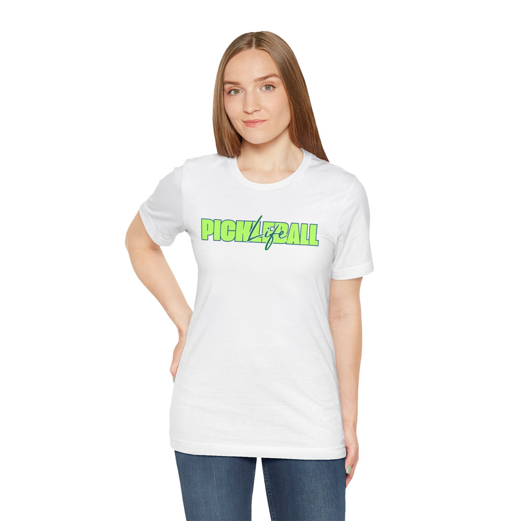 Unisex Pickleball Life T-Shirt with bold green and blue graphic print, casual graphic tee for pickleball enthusiasts.