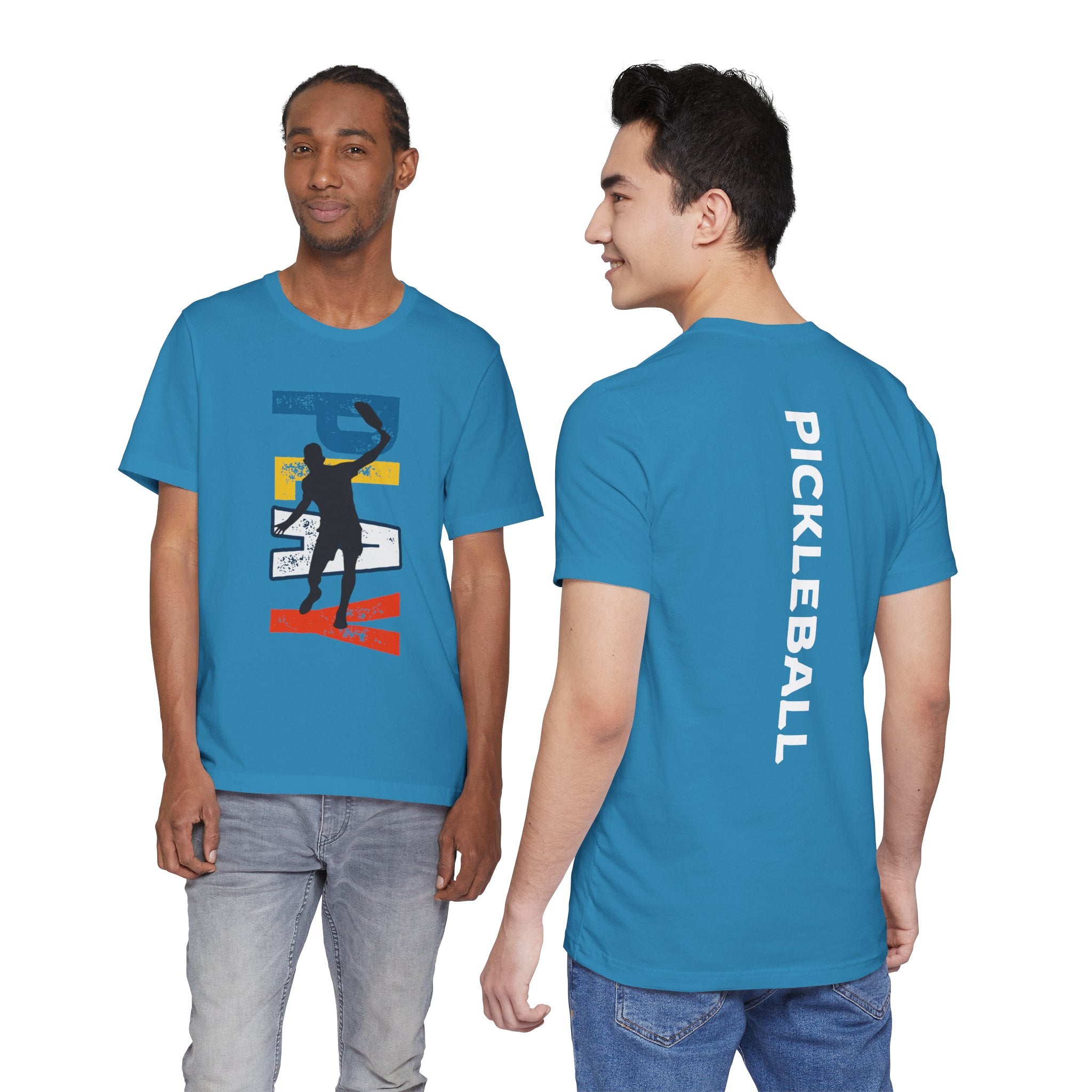 Men's Retro Pickleball Action T-Shirt with front silhouette and vertical 'PICKLEBALL' text on the back, stylish and casual wear.