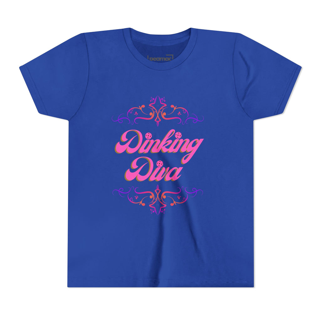 Pink Dinking Diva youth tee featuring a pickleball design, perfect for kids' activewear and casual sportswear by Printify.