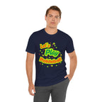 Neon orange and electric green pickleball rally T-shirt with court graphic, casual unisex design by Printify.