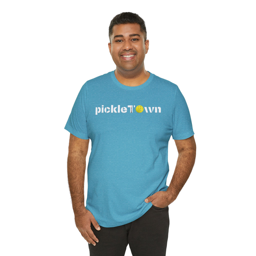 Toronto PickleTOwn T-Shirt featuring CN Tower and Pickleball ‘O’ logo, casual graphic tee by Printify.