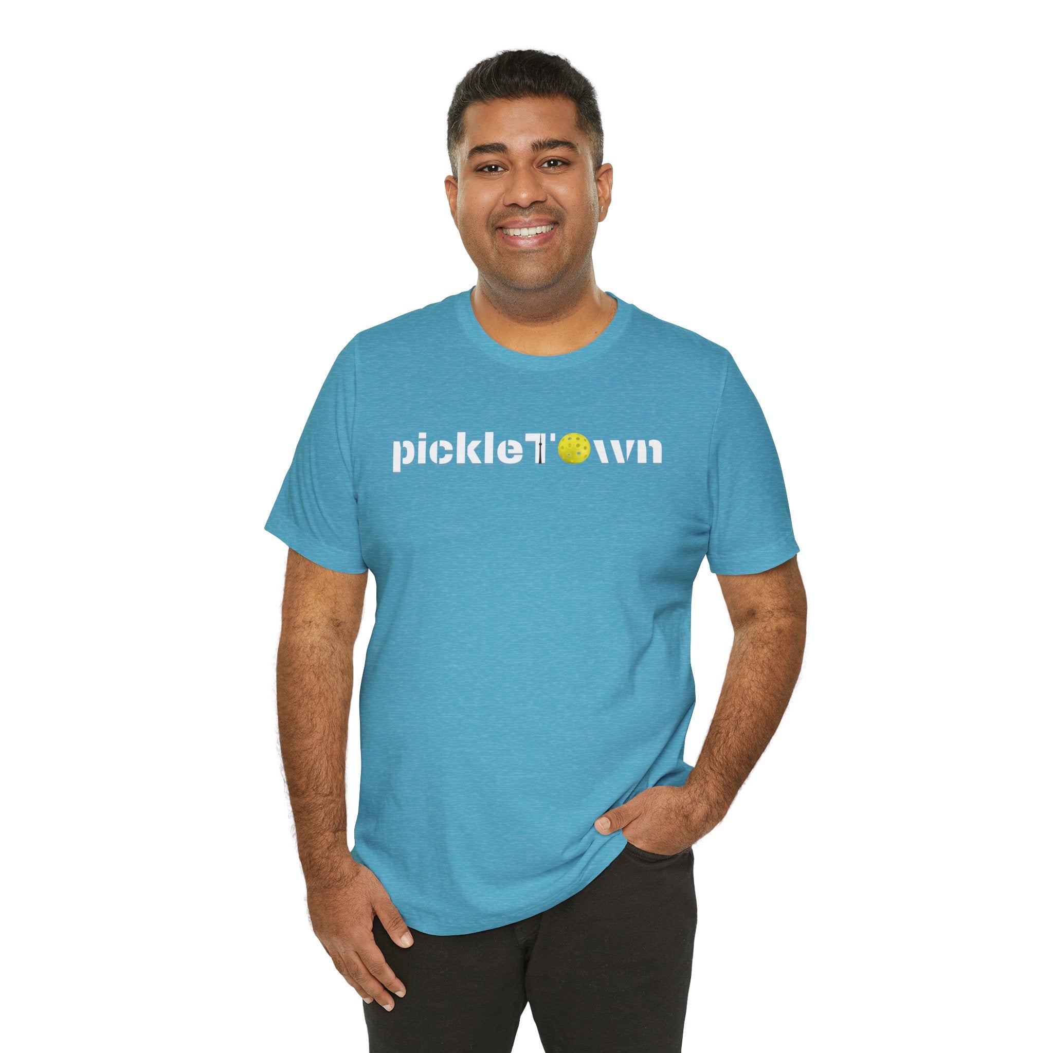 Toronto PickleTOwn T-Shirt featuring CN Tower and Pickleball ‘O’ logo, casual graphic tee by Printify.